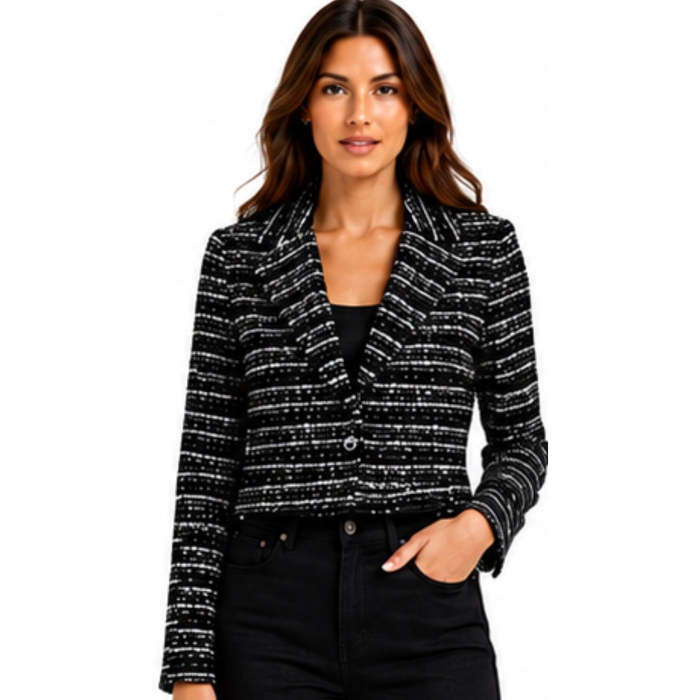 Bagatelle Collection Cropped Blazer Women Small Black White New Tweed Wool Blend